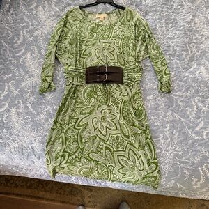 MICHAEL Michael Kors Green Paisley Midi Dress with Brown Belt